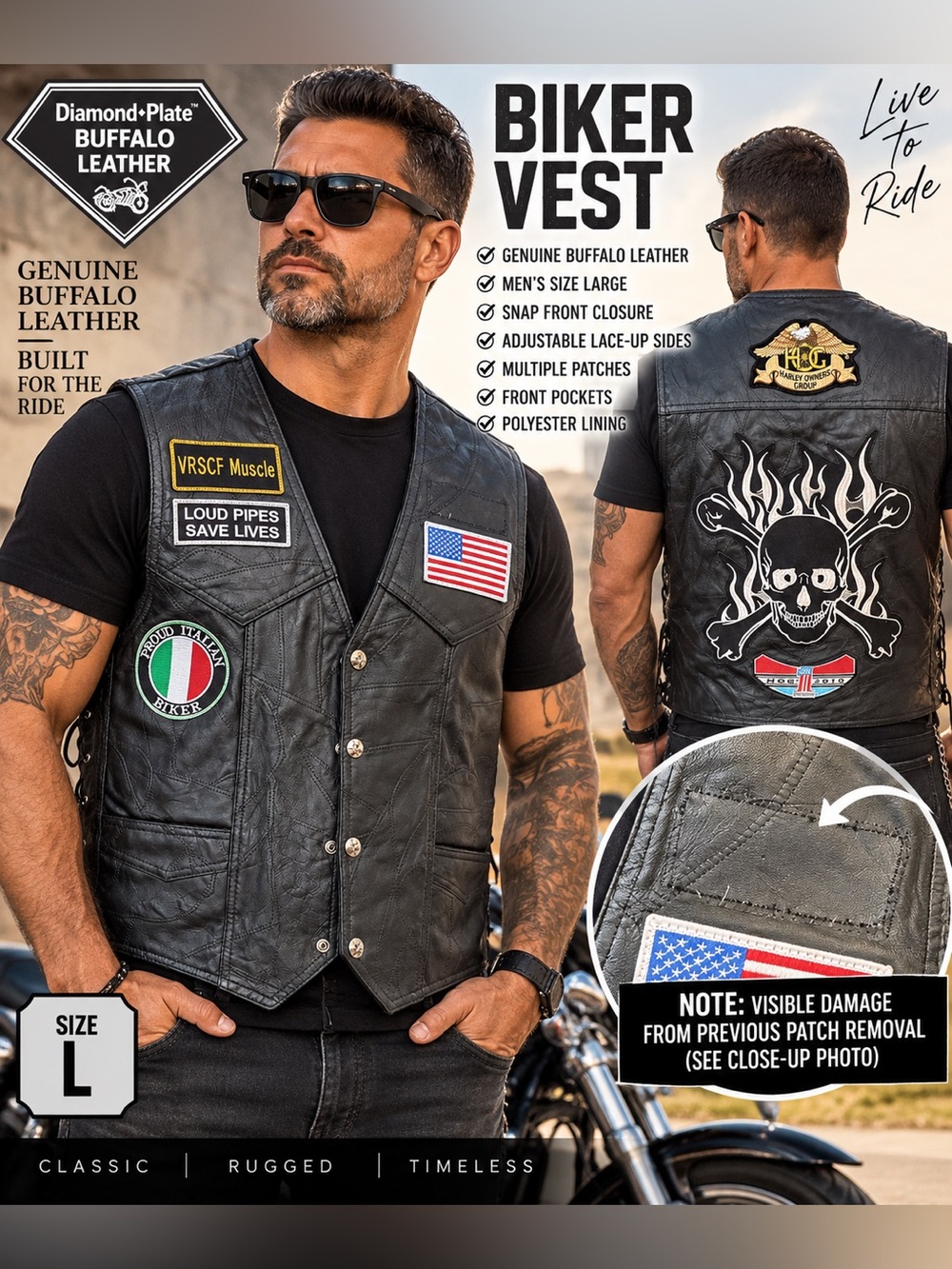 Men’s Buffalo Leather Motorcycle Biker Vest Sz L HOG Patches Black
